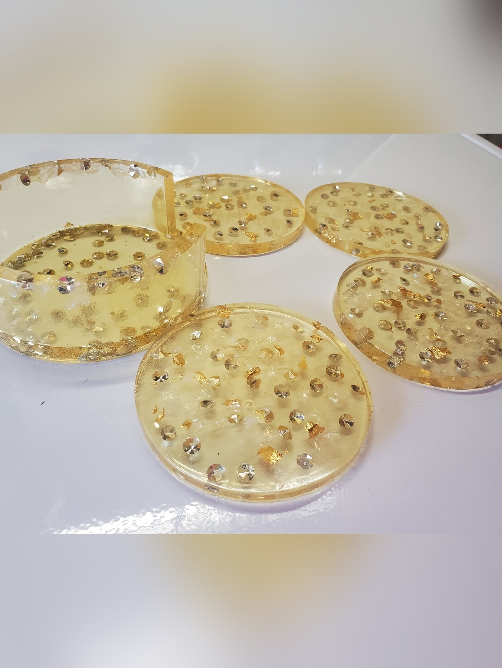 Resin Coaster Set with Gold Flakes And Rhinestones